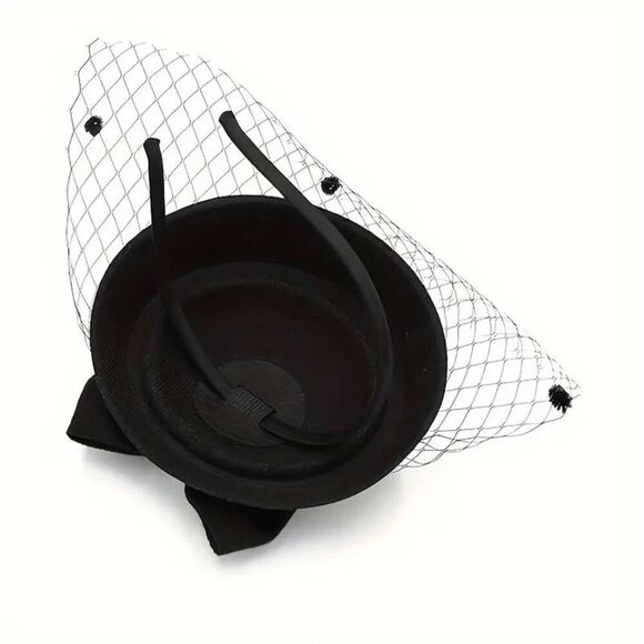 🖤 Pinup Accessory 1950s Retro Vintage Fascinator Black Pillbox Pearl Veil Hat - Picture 6 of 13